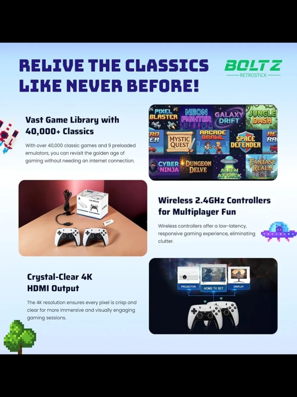 White Wireless Game Controllers and 4K Game Stick Pro Bundle New